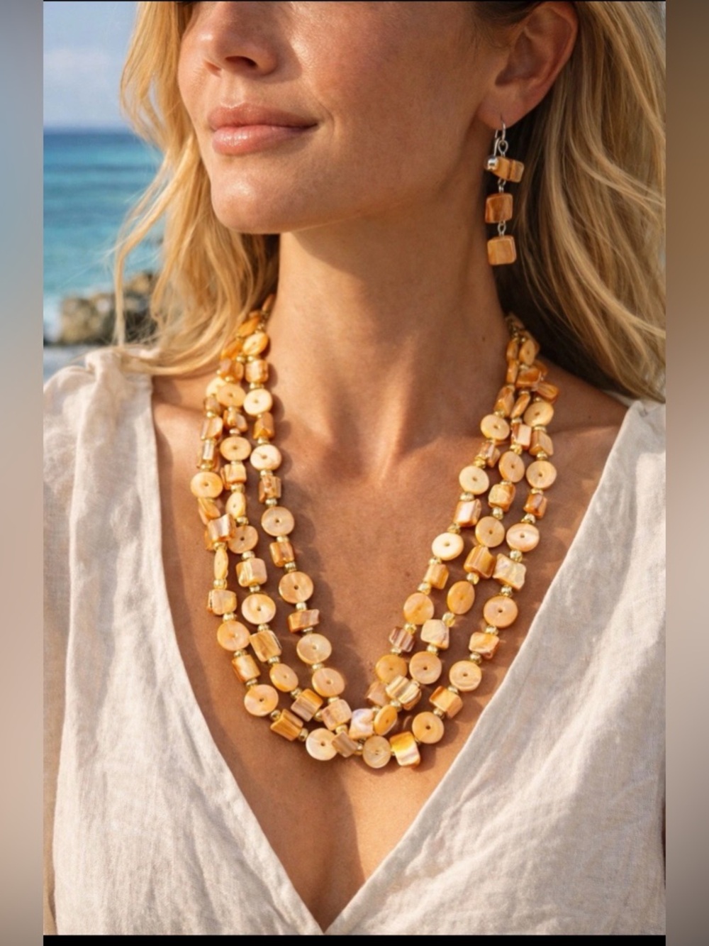 Boho Peach Mother of Pearl Shell Necklace Earring Set Multi Strand Layers Beachy - Picture 4 of 16